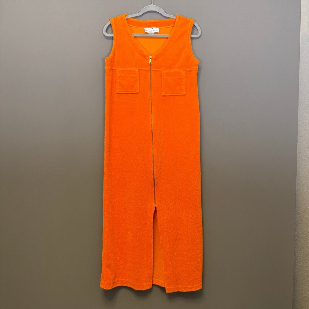 vtg 70s Saks Fifth Avenue Orange terry cloth maxi dress - towel dress zip size S